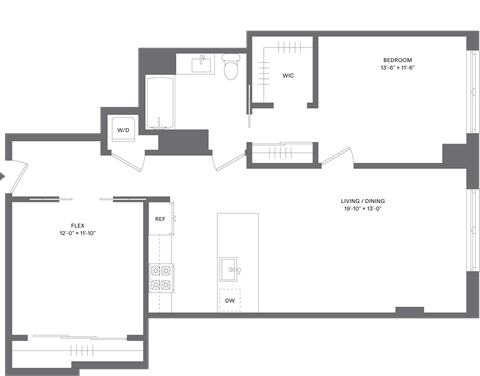 Floor plan for 1 bed, 1 bath, 1012 sqft